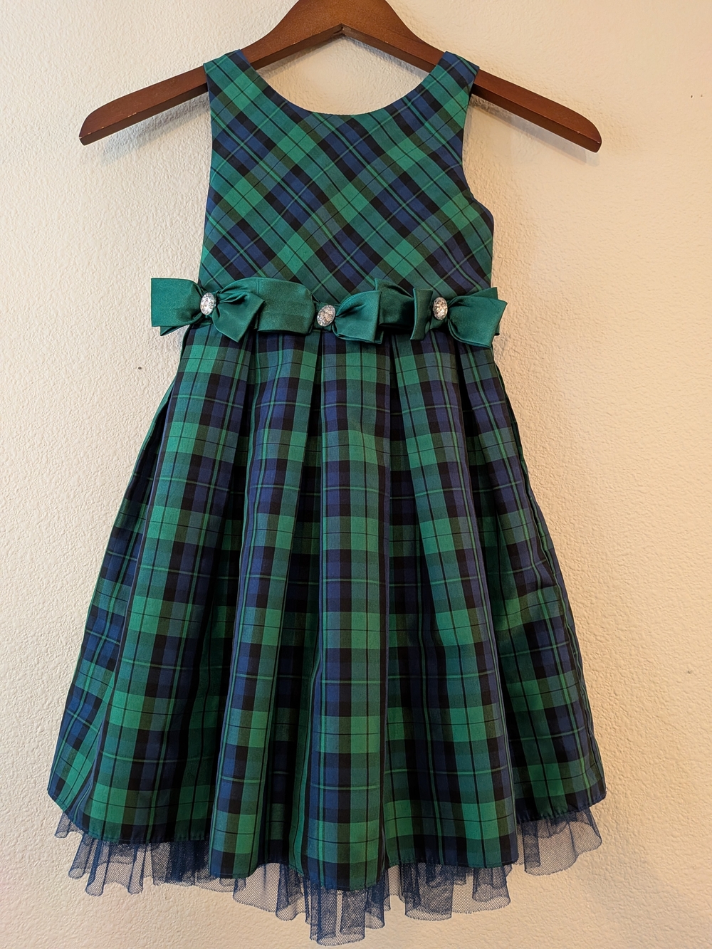 Dollie and Me Girls Green and Navy Plaid Party/ Holiday Dress with Bow Accents